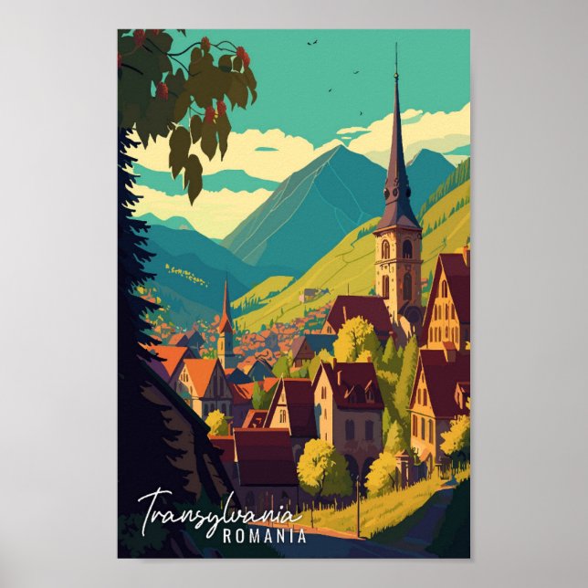 Poster Transylvanie Roumanie illustration de voyage vinta (Devant)