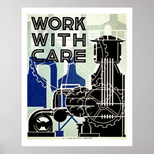 Poster Travailler avec soin - Engrenages et poulies - Anc