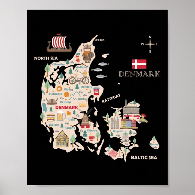 Poster Travel Europe Danemark Carte Copenhagen Danish Fam (Devant)