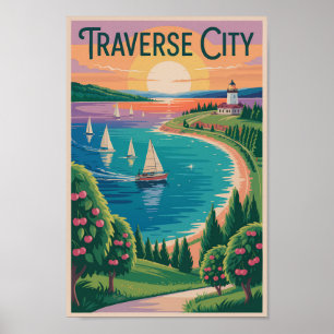 Poster Traverse City Lake Michigan Illustration Voyage