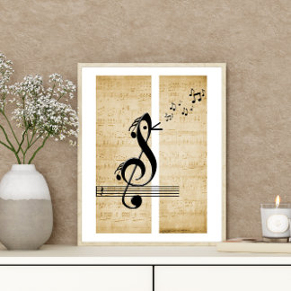 Poster Treble Clef Bird Notes musicales Partition Vintage