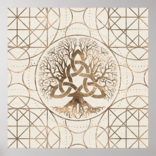 Poster Tree of life -Yggdrasil with Triquetra Pastel gold