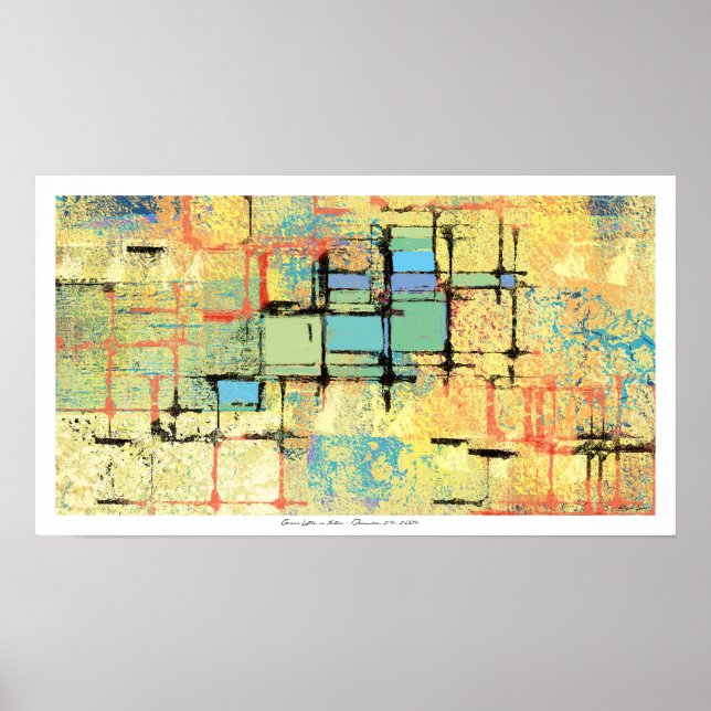 Poster Treillis vert sur la peinture Abstraite jaune (Devant)