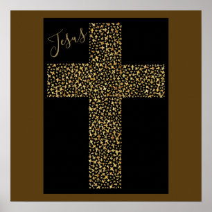 Poster Trendy Modern Jesus Gold Cross Art Brown