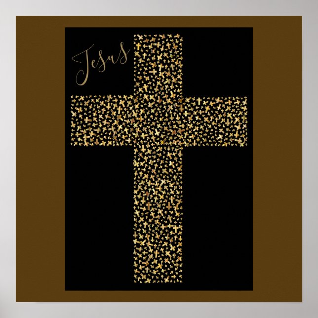 Poster Trendy Modern Jesus Gold Cross Art Brown (Devant)