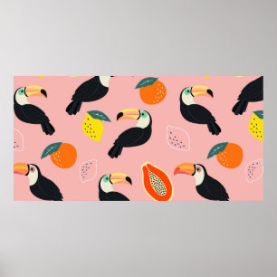 Poster Trendy pattern with toucan and abstract tropical f