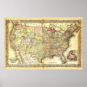 Poster Très ancienne carte des États-Unis d'Amérique