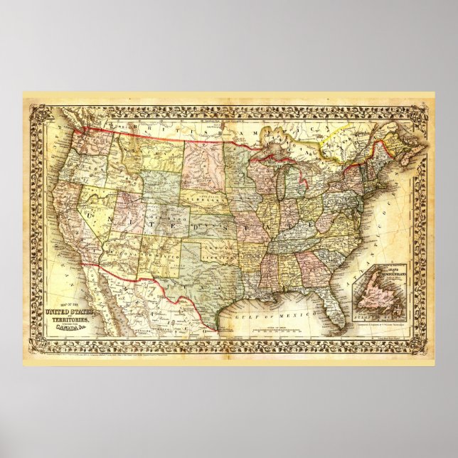 Poster Très ancienne carte des États-Unis d'Amérique (Devant)