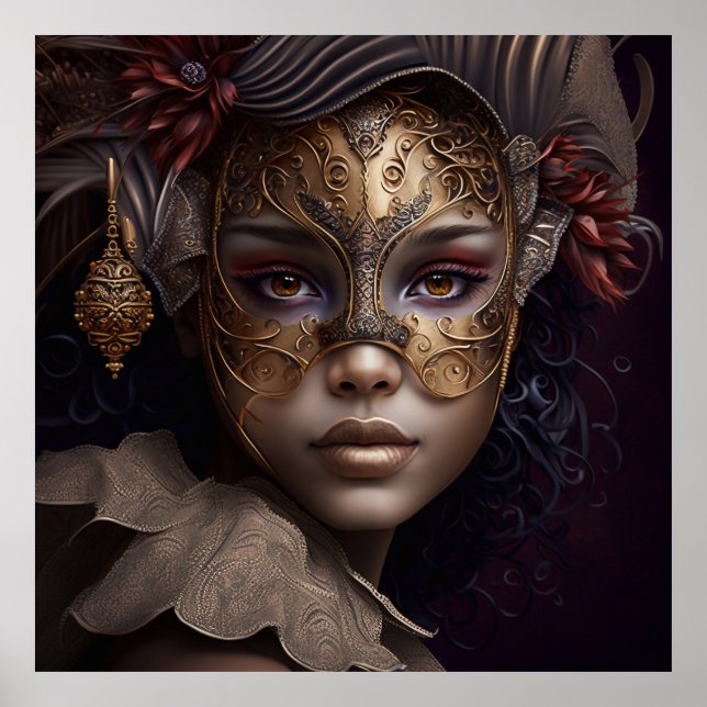 Poster Très beau portrait de femme avec masque vénitien (Devant)