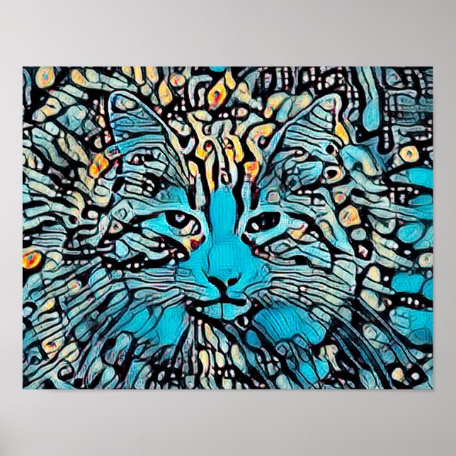 Poster Tribal Chat Bleu Mosaïque Jaune Design d'art Abstr (Devant)