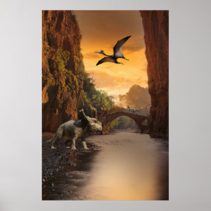 Poster Triceratops, Vélociraptor et Ptérodactyle
