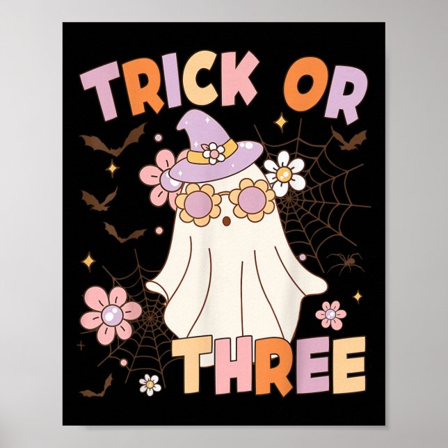 Poster Trick Or Three Cute Ghost Groovy 3rd Birthday Soky (Devant)