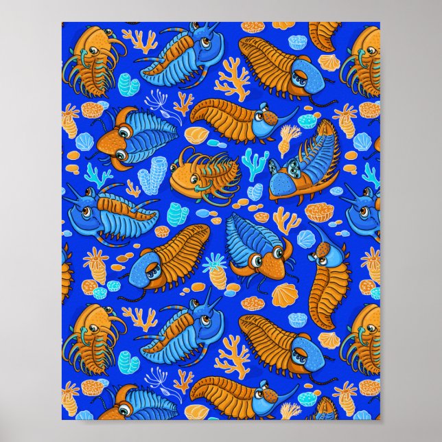 Poster Trilobites sur arrière - plan bleu foncé (motif en (Devant)