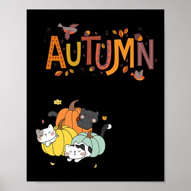 Poster Trio Cute Citrouille Chats Bonjour Automne Automne (Devant)