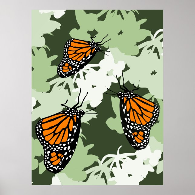 Poster Trio De Papillon Monarque Sur Plante Cygne (Devant)