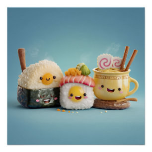 Poster Trio de Sushi Bleu Kawaii