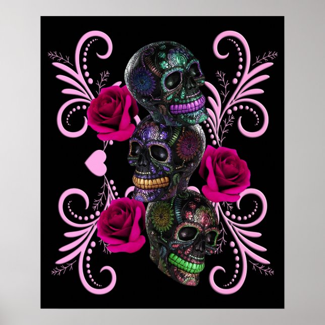 Poster Triple Jour Noir Des Crânes Morts Roses Rose (Devant)