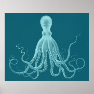 Poster Triptyque Octopus surdimensionné imprimé en turquo