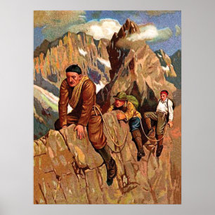 Poster Trois alpinistes sur le pic de montagne, vintage a