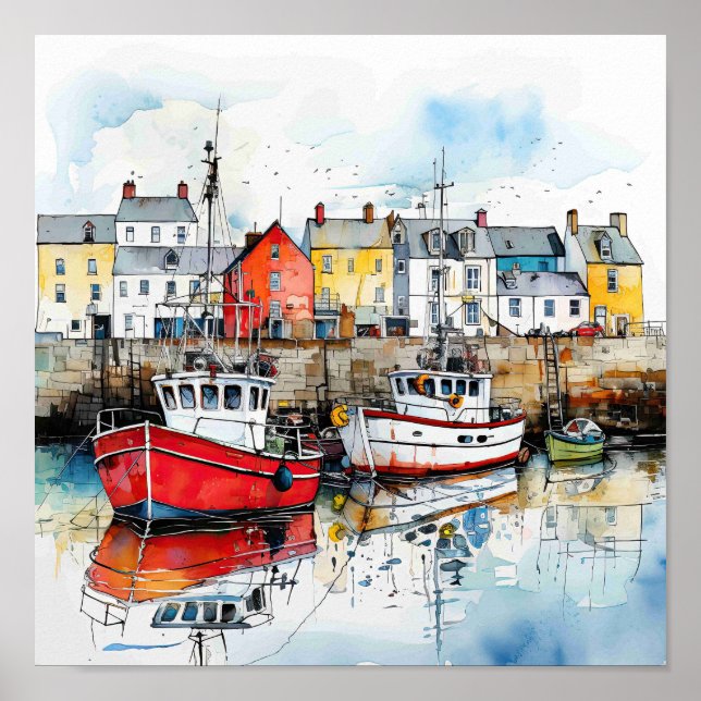 Poster Trois Bateaux Dans Le Port De Pêche (Devant)