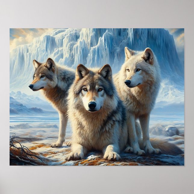 Poster Trois beaux loups arctiques dans la toundra des gl (Devant)