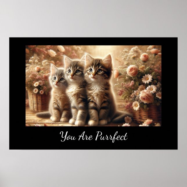 Poster Trois chatons Tabby adorables avec fleurs (Devant)