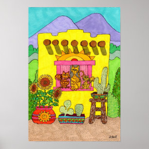 Poster Trois chats dans un Adobe House jaune