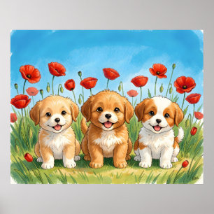 Poster Trois chiots mignons et coquelicots à l'aquarelle