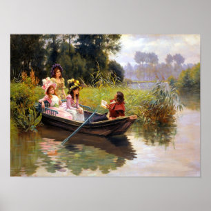 Poster Trois dames et un homme dans un bateau art