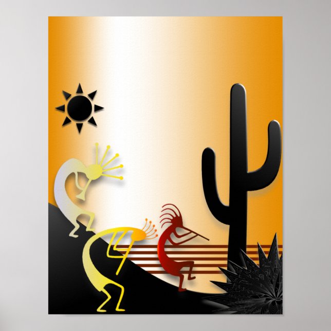 Poster Trois Kokopellis et un Cactus (Devant)