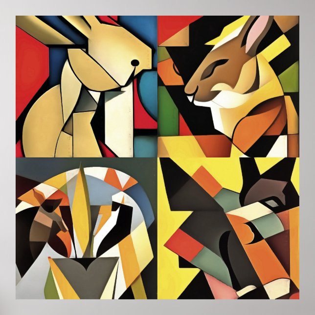 Poster Trois Lapins Et Un Lion Géométrique Art Abstrait (Devant)