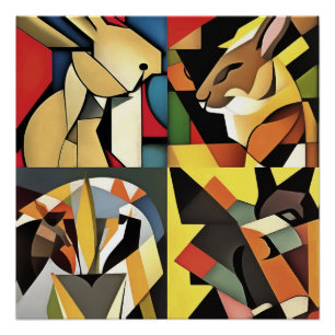 Poster Trois Lapins Et Un Lion Géométrique Art Abstrait