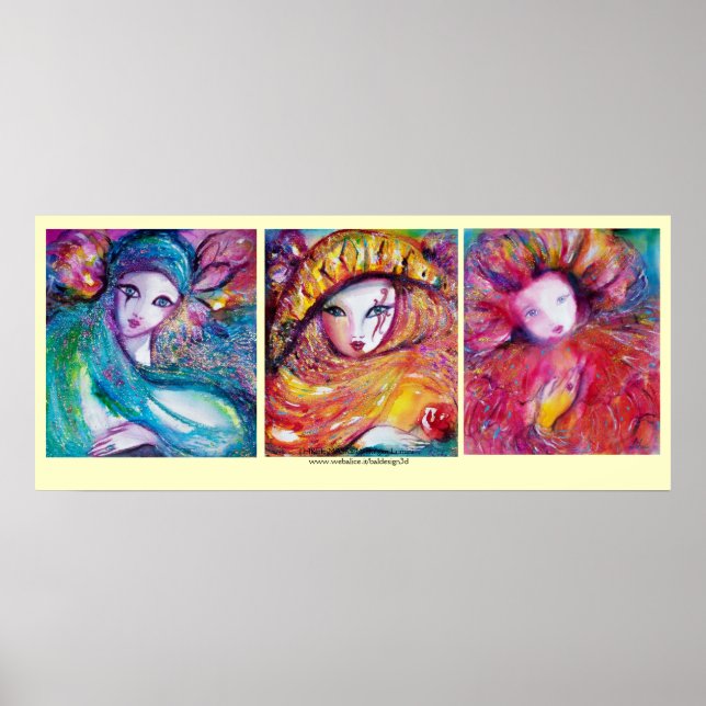 POSTER TROIS MASQUES DE CARNAVAL EN BLEU, ROUGE, JAUNE (Devant)