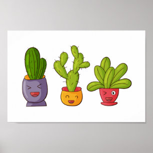 Poster Trois mignons cactus dans des pots de fleurs Illus