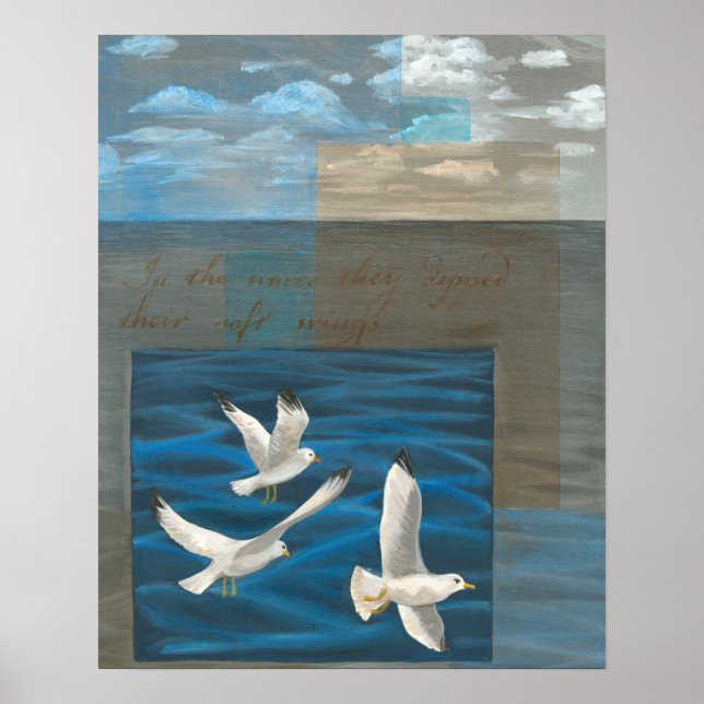 Poster Trois mouettes blanches volent au-dessus de l'eau (Devant)