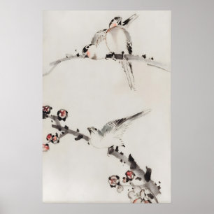Poster Trois oiseaux perchés sur des branches Art fin jap