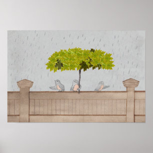 Poster Trois oiseaux sous la pluie