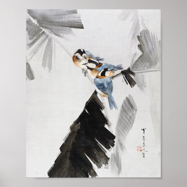 Poster Trois oiseaux sur Branche, Watanabe Seitei (Devant)