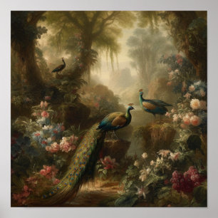 Poster Trois paons dans une peinture à l'huile de forêt e