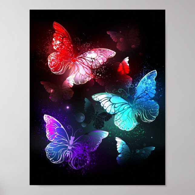 Poster Trois papillons lumineux sur fond de nuit (Devant)