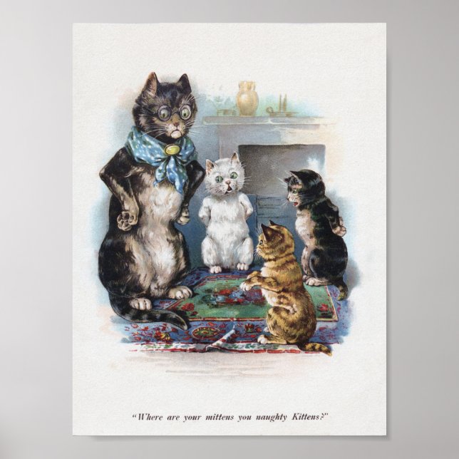 Poster Trois petits chatons et mère, Louis Wain (Devant)
