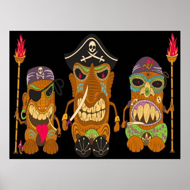Poster Trois Pirates Tiki, Noir Drôle (Devant)