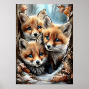 Poster Trois Renardeaux Mignons en Forêt