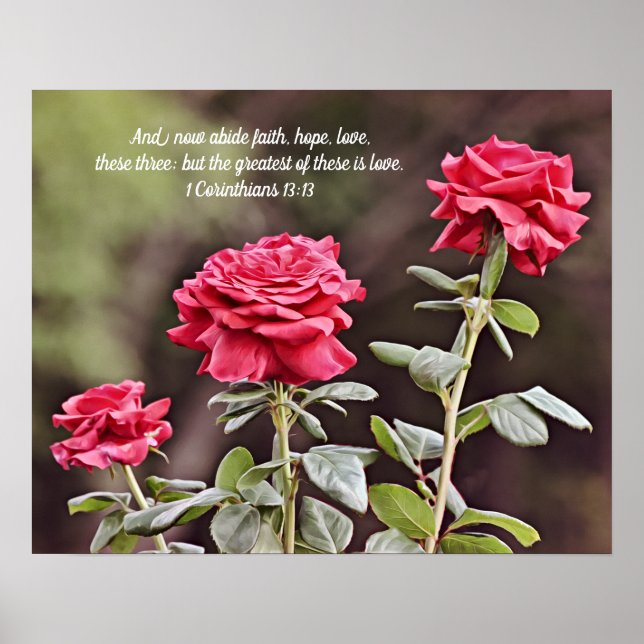 Poster Trois Roses Rouges Écriture 1 Corinthiens 13:13 (Devant)