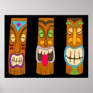 Poster Trois statues Tiki en bois, drôle noir