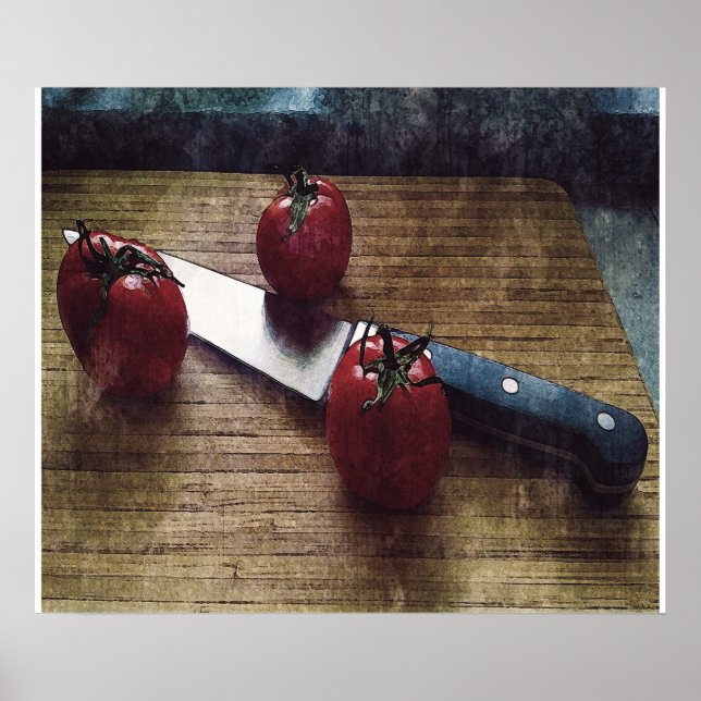 Poster Trois tomates rouges sur une planche à découper (Devant)