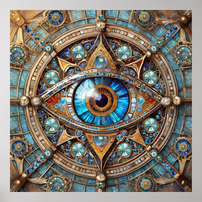 Poster Troisième Œil - Mandala Bleu Turquoise Or (Devant)