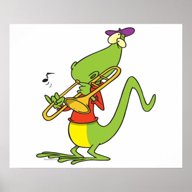 Poster trombone jazzy jouant dessin animé de lézard (Devant)
