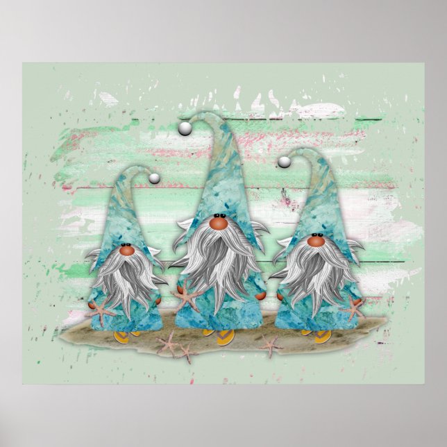 Poster Tropcal Blue Watercolor Beach Gnomes (Devant)