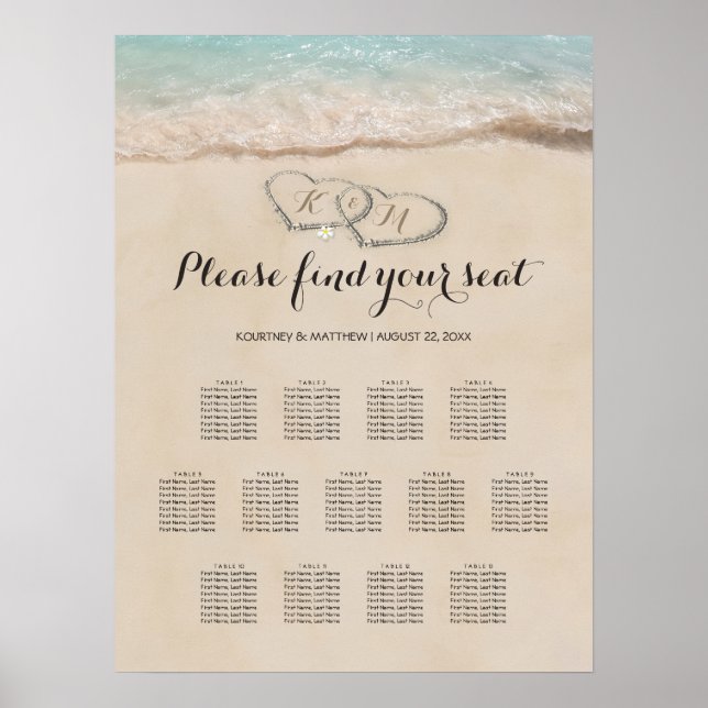 Poster Tropical Beach Heart Mariage 13 Seating Chart (Devant)